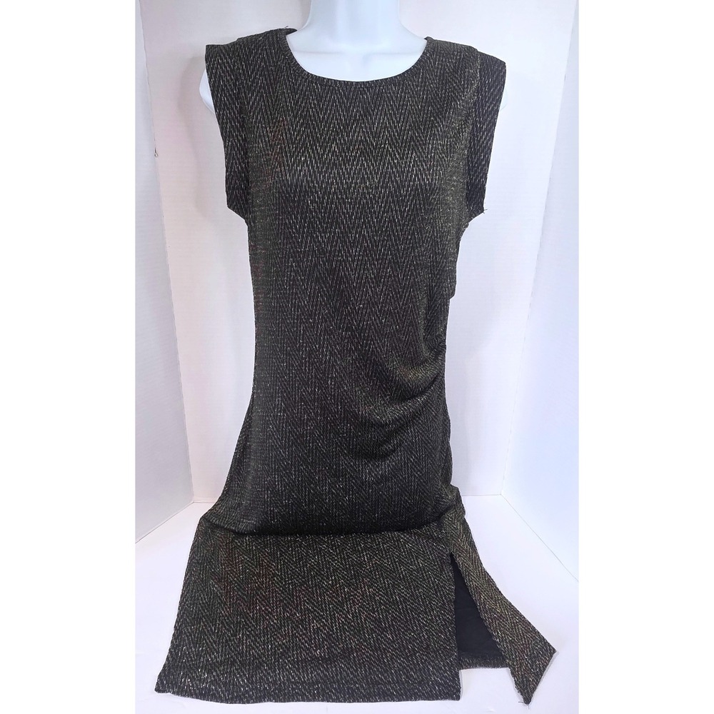 Grifflin Paris Black Gold Metallic Knit Sleeveless Ruched Stretch Midi Dress L